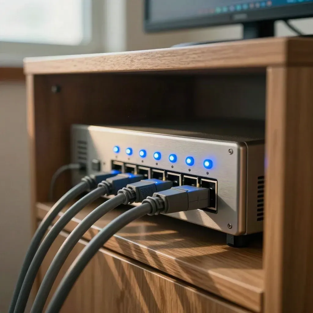 Armario técnico con router, switch y cableado ordenado, con monitor desenfocado al fondo.