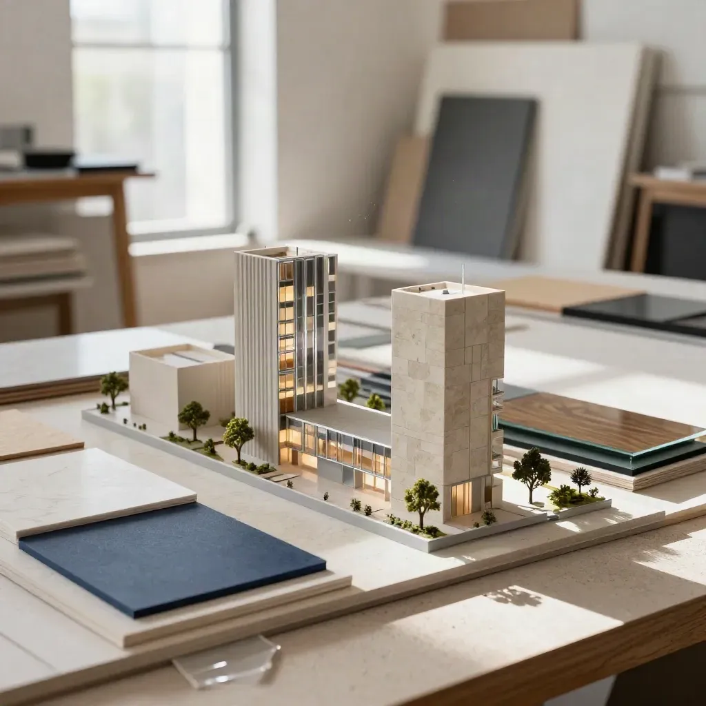 Maqueta arquitectónica iluminada en un estudio, con muestras de materiales y luz suave.